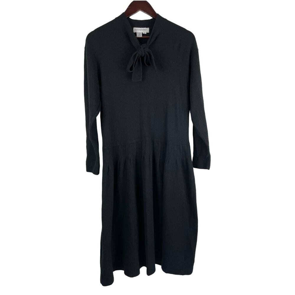 Vintage Outlander Large Black Lambswool & Angora Sweater Dress w/ Tie Neck EUC